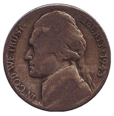Монета 5 центов. 1943 год (S), США. Джефферсон. Монтичелло.
