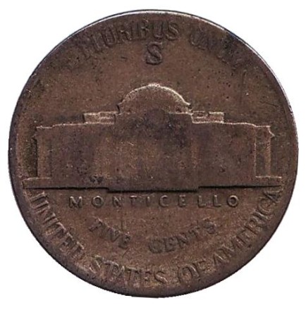 Монета 5 центов. 1943 год (S), США. Джефферсон. Монтичелло. Монета 5 центов. 1943 год (S), США. Джефферсон. Монтичелло.