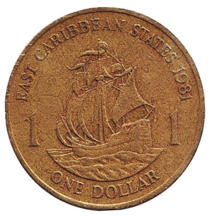 Монета 1 доллар. 1981 год, Восточно-Карибские государства. Парусник.