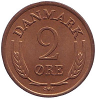 Монета 2 эре. 1964 год, Дания. (бронза). Монета 2 эре. 1964 год, Дания. (бронза).