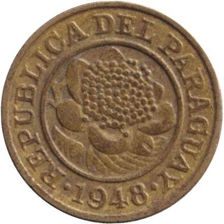 Монета 1 сентимо. 1948 год, Парагвай. Цветок. Монета 1 сентимо. 1948 год, Парагвай. Цветок.