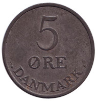 Монета 5 эре. 1956 год, Дания. Монета 5 эре. 1956 год, Дания.