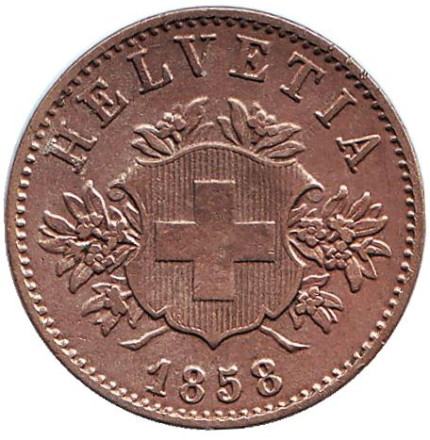 Монета 20 раппенов. 1858 год, Швейцария. Монета 20 раппенов. 1858 год, Швейцария.