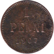 Монета 1 пенни. 1907 год, Финляндия в составе Российской Империи. Монета 1 пенни. 1907 год, Финляндия в составе Российской Империи.