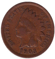 Монета 1 цент. 1903 год, США. Индеец.