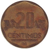 Монета 20 сентимов. 2002 год, Перу. Монета 20 сентимов. 2002 год, Перу.