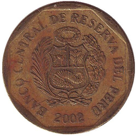 Монета 20 сентимов. 2002 год, Перу. Монета 20 сентимов. 2002 год, Перу.