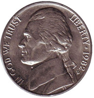 Монета 5 центов. 1982 год (D), США. Джефферсон. Монтичелло. Монета 5 центов. 1982 год (D), США. Джефферсон. Монтичелло.