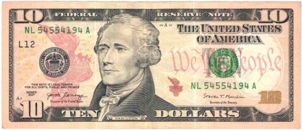 Банкнота 10 долларов. 2017 год, США. "NL" - Сан-Франциско. P- W545B(1).