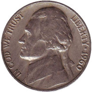 Монета 5 центов. 1960 год, США. Джефферсон. Монтичелло. Монета 5 центов. 1960 год, США. Джефферсон. Монтичелло.