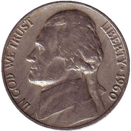 Монета 5 центов. 1960 год, США. Джефферсон. Монтичелло.
