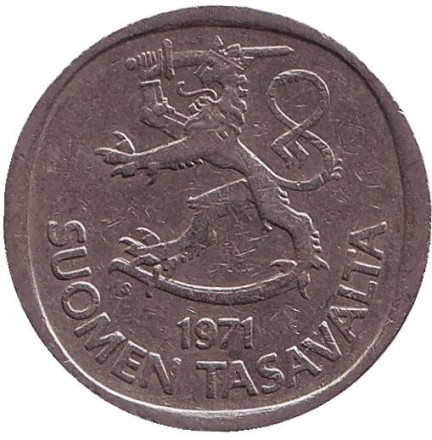 Монета 1 марка. 1971 год, Финляндия.
