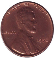 Монета 1 цент. 1950 год (P), США. Линкольн. Монета 1 цент. 1950 год (P), США. Линкольн.