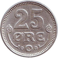 Монета 25 эре. 1919 год, Дания. Монета 25 эре. 1919 год, Дания.