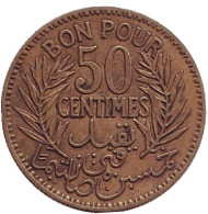Монета 50 сантимов. 1921 год, Тунис. Монета 50 сантимов. 1921 год, Тунис.
