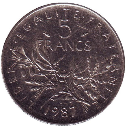 Монета 5 франков. 1987 год, Франция.