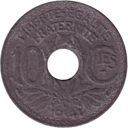 Монета 10 сантимов. 1941 год, Франция. (Подчеркивание под MES. Дата без точек).