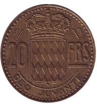 Монета 20 франков. 1950 год, Монако. Монета 20 франков. 1950 год, Монако.