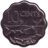 Монета 10 центов. 2016 год, Багамские острова. Рыбы.