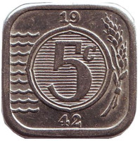 Монета 5 центов. 1942 год, Нидерланды. Состояние - VF.