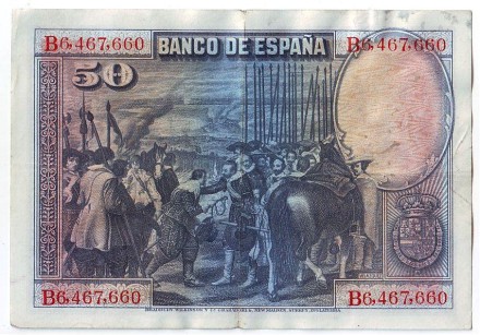 Банкнота 50 песет. 1928 год, Испания. Диего Веласкес.