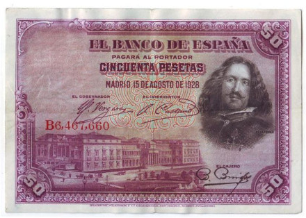 Банкнота 50 песет. 1928 год, Испания. Диего Веласкес.
