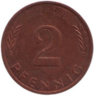 Монета 2 пфеннига. 1973 год (J), ФРГ. Дубовые листья. Монета 2 пфеннига. 1973 год (J), ФРГ. Дубовые листья.
