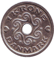 Монета 1 крона. 2000 год, Дания. Монета 1 крона. 2000 год, Дания.