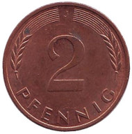 Монета 2 пфеннига. 1992 год (J), ФРГ. Дубовые листья. Монета 2 пфеннига. 1992 год (J), ФРГ. Дубовые листья.