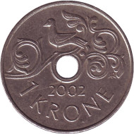 Монета 1 крона. 2002 год, Норвегия. Птица на виноградной лозе. Монета 1 крона. 2002 год, Норвегия. Птица на виноградной лозе.