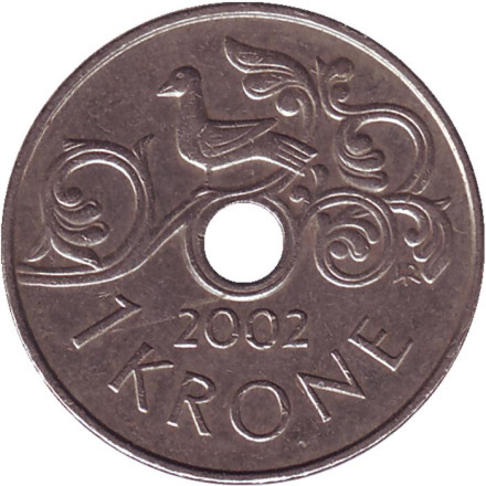 Монета 1 крона. 2002 год, Норвегия. Птица на виноградной лозе.