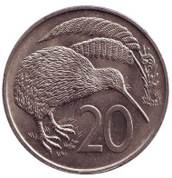 Монета 20 центов. 1967 год, Новая Зеландия. UNC. Киви (птица). Монета 20 центов. 1967 год, Новая Зеландия. UNC. Киви (птица).