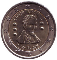 Монета 2 евро. 2009 год, Бельгия. 200 лет с рождения Луи Брайля. Монета 2 евро. 2009 год, Бельгия. 200 лет с рождения Луи Брайля.