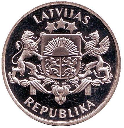 Монета 2 лата, 1993 год, Латвия. Пруф. 75 лет провозглашения независимости Латвии. Монета 2 лата, 1993 год, Латвия. Пруф. 75 лет провозглашения независимости Латвии.