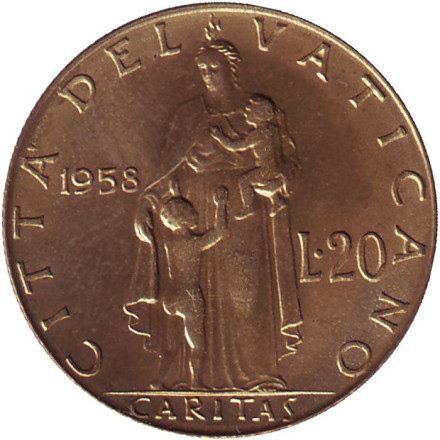 Монета 20 лир. 1958 год, Ватикан.