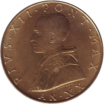 Монета 20 лир. 1958 год, Ватикан. Монета 20 лир. 1958 год, Ватикан.