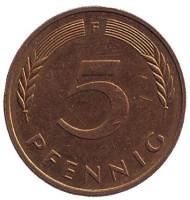 Монета 5 пфеннигов. 1993 год (F), ФРГ. Дубовые листья. Монета 5 пфеннигов. 1993 год (F), ФРГ. Дубовые листья.