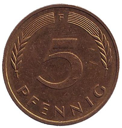 Монета 5 пфеннигов. 1993 год (F), ФРГ. Дубовые листья.
