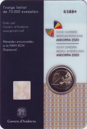 Монета 2 евро. 2020 год, Андорра. XXVII Иберо-американский саммит в Андорре. Монета 2 евро. 2020 год, Андорра. XXVII Иберо-американский саммит в Андорре.
