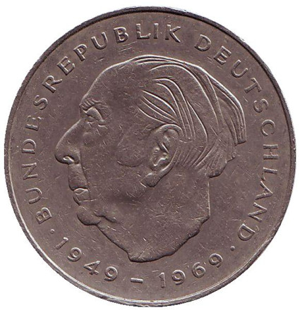 Монета 2 марки. 1982 год (J), ФРГ. Теодор Хойс.