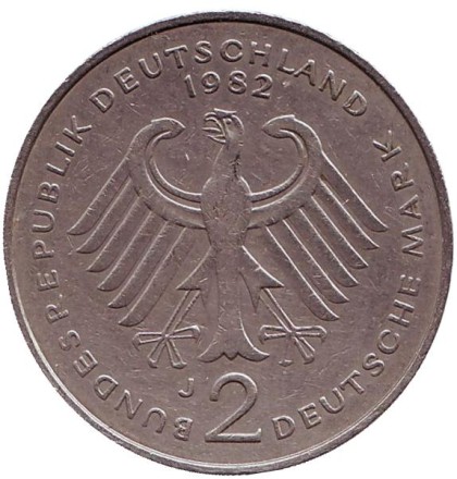 Монета 2 марки. 1982 год (J), ФРГ. Теодор Хойс. Монета 2 марки. 1982 год (J), ФРГ. Теодор Хойс.