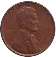 Монета 1 цент. 1951 год (P), США. Линкольн. Монета 1 цент. 1951 год (P), США. Линкольн.