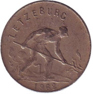 Монета 1 франк. 1962 год, Люксембург. Монета 1 франк. 1962 год, Люксембург.