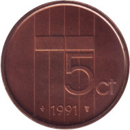 Монета 5 центов. 1991 год, Нидерланды. BU. Монета 5 центов. 1991 год, Нидерланды. BU.