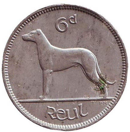 Монета 6 пенсов. 1935 год, Ирландия. Ирландский волкодав.