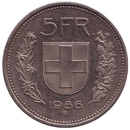 Монета 5 франков. 1986 год, Швейцария. Вильгельм Телль. Монета 5 франков. 1986 год, Швейцария. Вильгельм Телль.