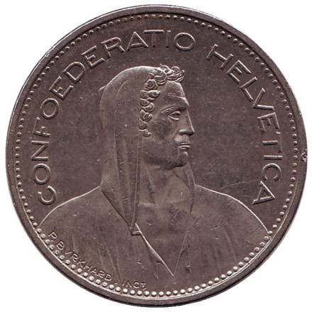 Монета 5 франков. 1986 год, Швейцария. Вильгельм Телль.