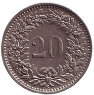 Монета 20 раппенов. 1966 год, Швейцария. Монета 20 раппенов. 1966 год, Швейцария.