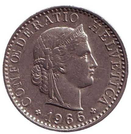 Монета 20 раппенов. 1966 год, Швейцария.