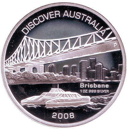 Монета 1 доллар. 2008 год, Австралия. Мост Стори-Бридж. Открытие Австралии. Брисбен.